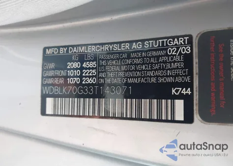 2003 Mercedes-Benz Clk 430 z USA, uszkodzony, nr VIN WDBLK70G33T143071